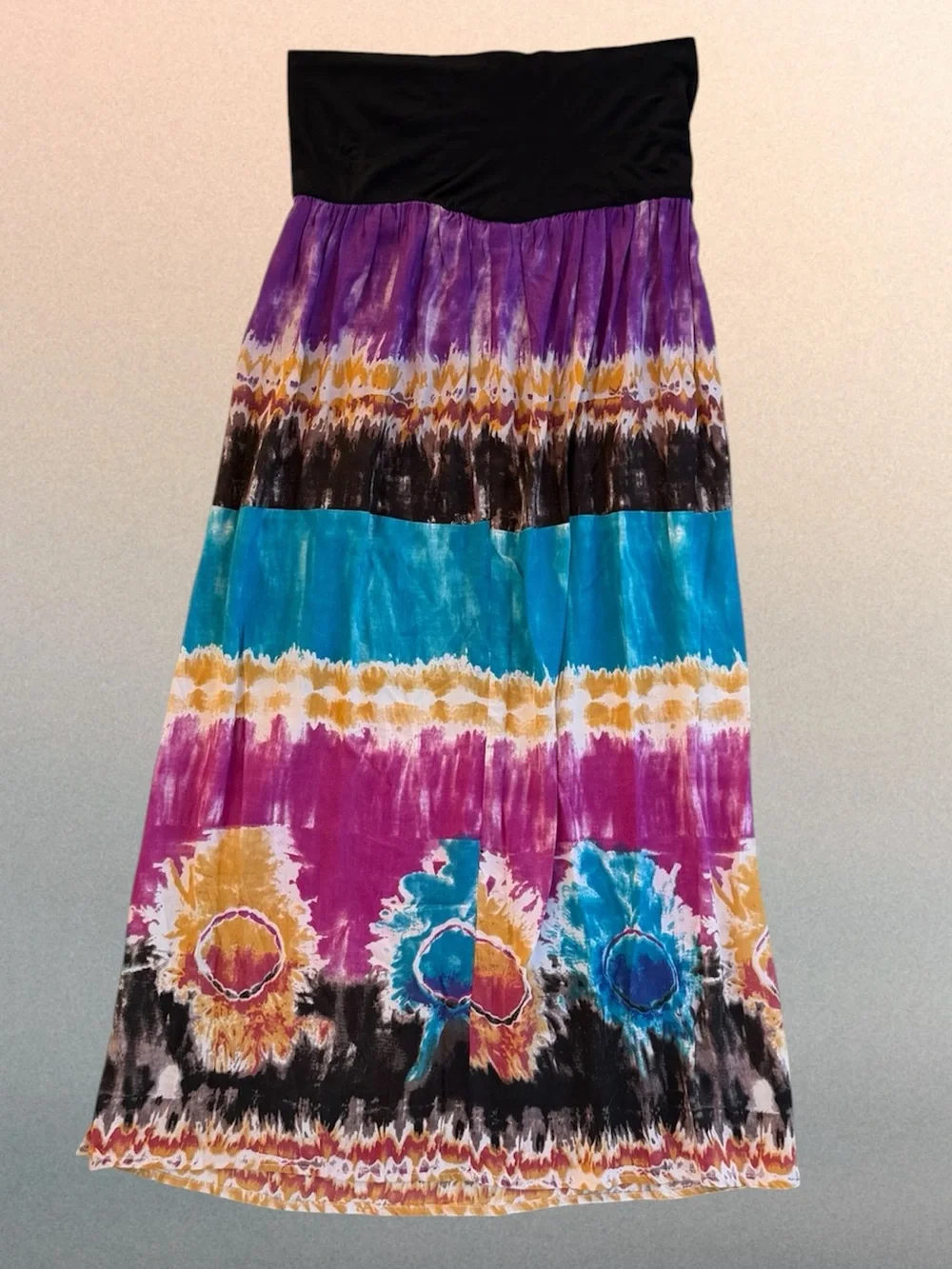 Angie Purple and Turquoise Tie Dye Bohemian Tiered Maxi Skirt ~ Women’s Small